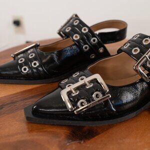 GANNI Buckled Eyelet-Embellished Leather Ballet Flats - Worn Once